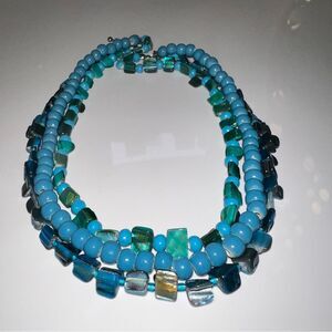 Elegant Blue Beaded Necklace mother of pearl tiered necklace layered vintage
